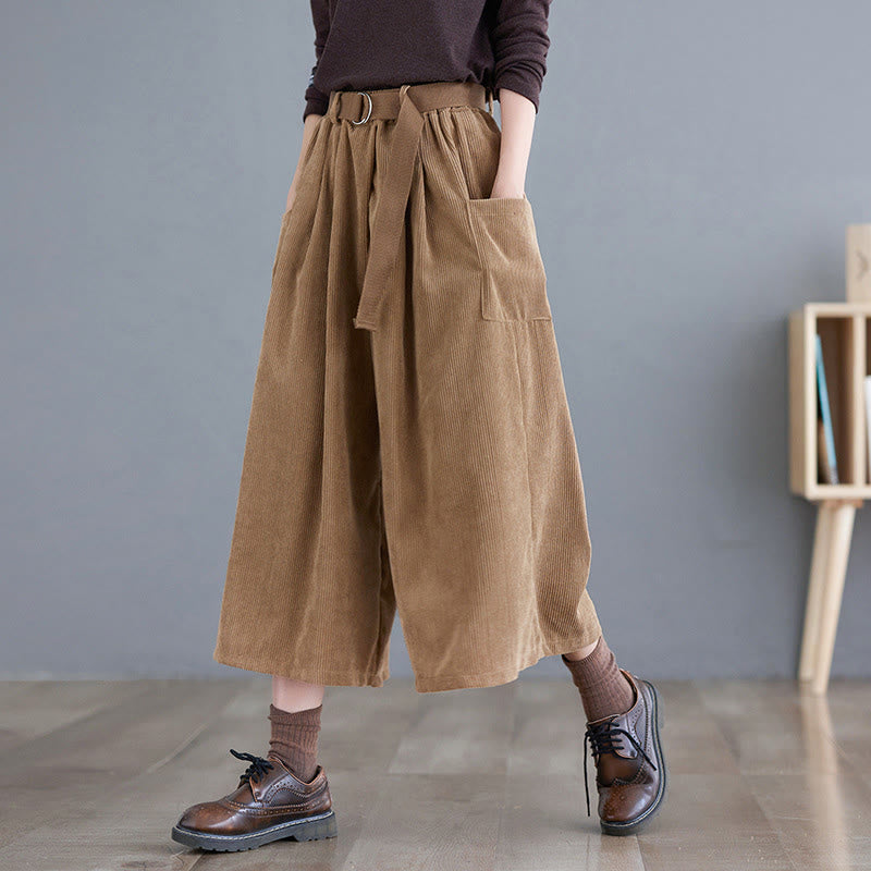 Buddha Stones Retro Women's Wide Leg 7-8 Length Corduroy Pants With Pockets Belt - Goldenrod - US8-10，UK/AU12-14，EU40-42 (2XL) - image 0