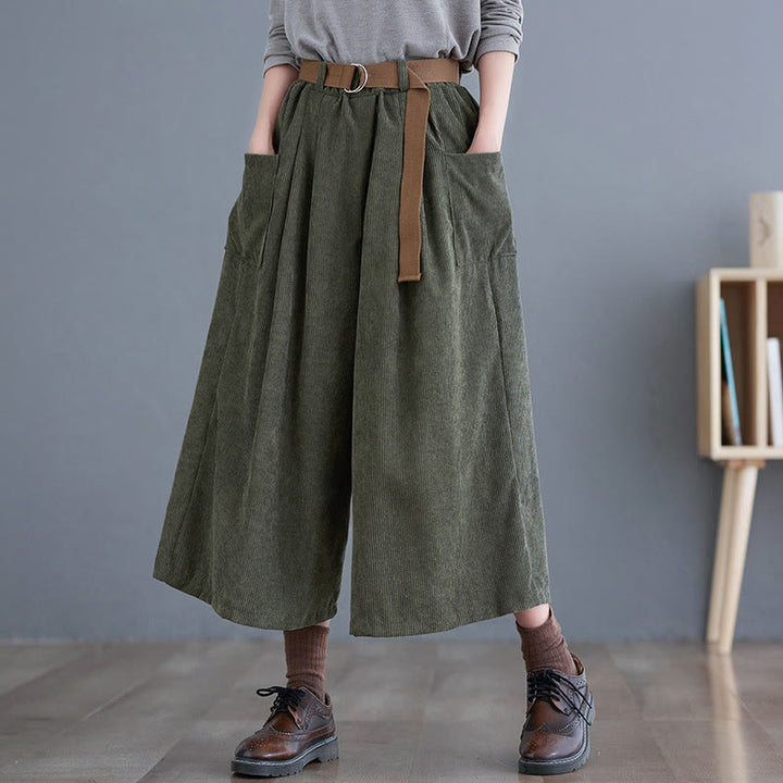Buddha Stones Retro Women's Wide Leg 7-8 Length Corduroy Pants With Pockets Belt - DarkOliveGreen - US12，UK/AU16，EU44 (2XL) - image 11