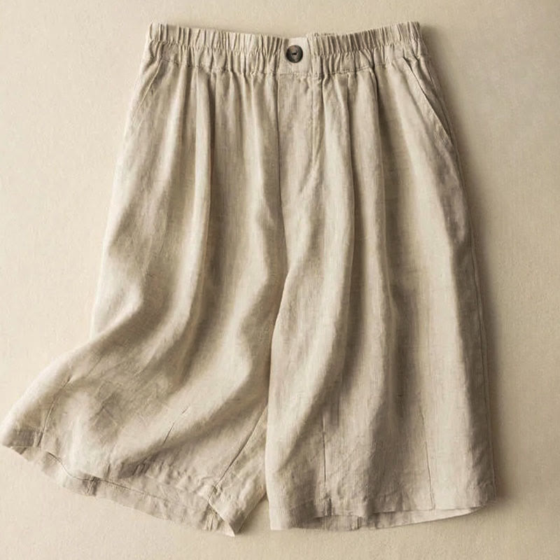 Buddha Stones Summer Casual Plain Button Cotton Linen Women's Shorts With Pockets - Beige - US8-10，UK/AU12-14，EU40-42 (3XL) - image 6