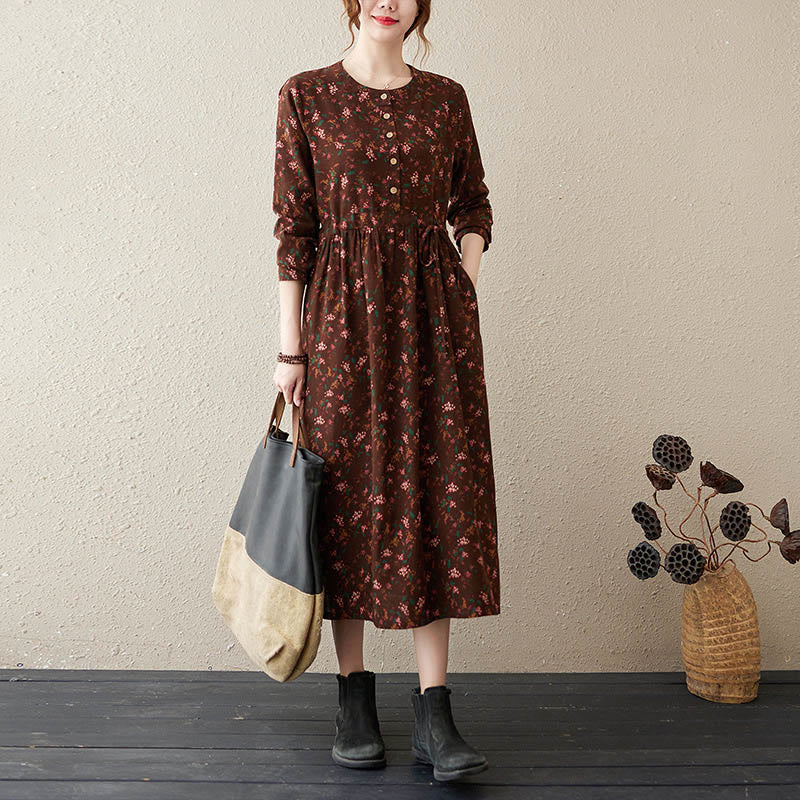 Buddha Stones Ethnic Printing Floral Long Sleeve Buttons Design Cotton Linen Midi Dress With Pockets - SaddleBrown - US12，UK/AU16，EU44 (3XL) - image 0