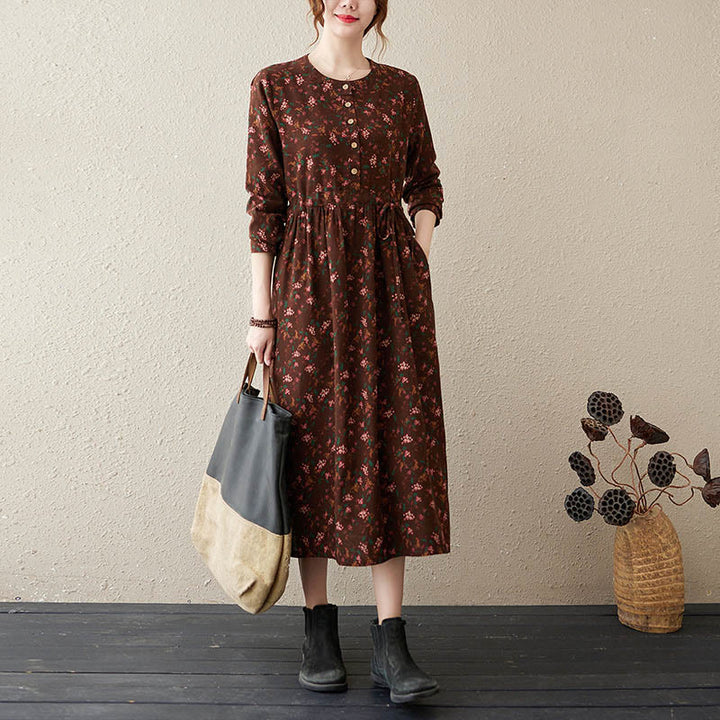 Buddha Stones Ethnic Printing Floral Long Sleeve Buttons Design Cotton Linen Midi Dress With Pockets - SaddleBrown - US12，UK/AU16，EU44 (3XL) - image 0