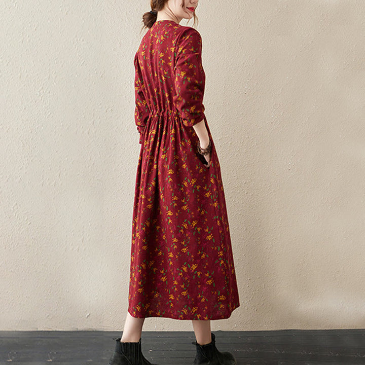 Buddha Stones Ethnic Printing Floral Long Sleeve Buttons Design Midi Dress With Pockets - image 13