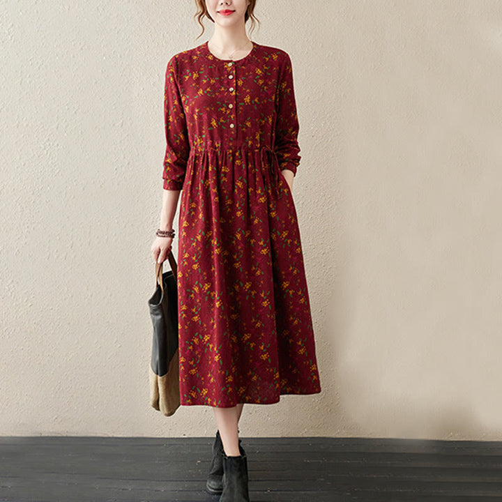 Buddha Stones Ethnic Printing Floral Long Sleeve Buttons Design Cotton Linen Midi Dress With Pockets - image 14