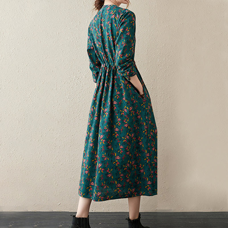 Buddha Stones Ethnic Printing Floral Long Sleeve Buttons Design Cotton Linen Midi Dress With Pockets - image 8