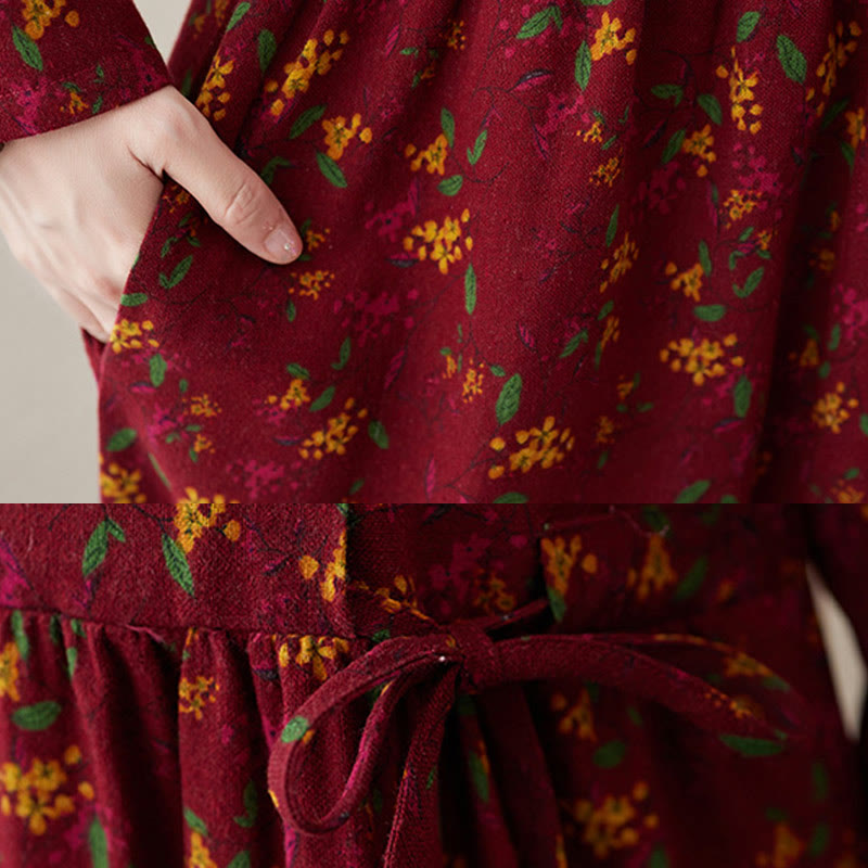 Buddha Stones Ethnic Printing Floral Long Sleeve Buttons Design Cotton Linen Midi Dress With Pockets - image 18