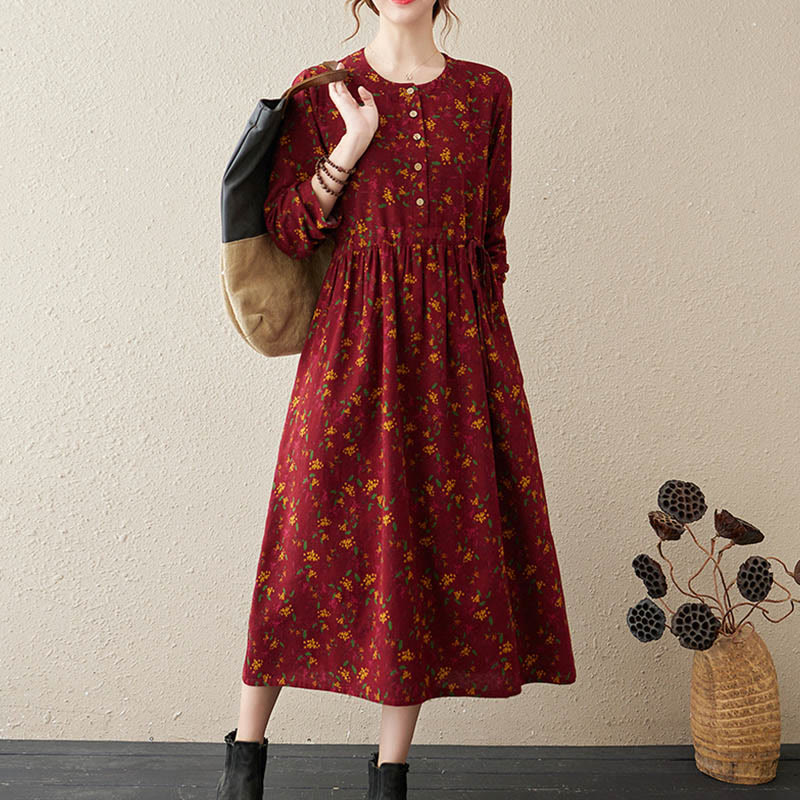 Buddha Stones Ethnic Printing Floral Long Sleeve Buttons Design Cotton Linen Midi Dress With Pockets - image 12