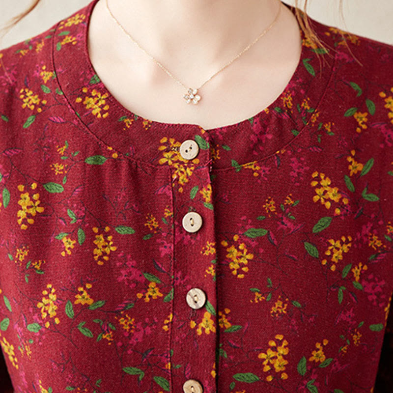 Buddha Stones Ethnic Printing Floral Long Sleeve Buttons Design Cotton Linen Midi Dress With Pockets - image 15