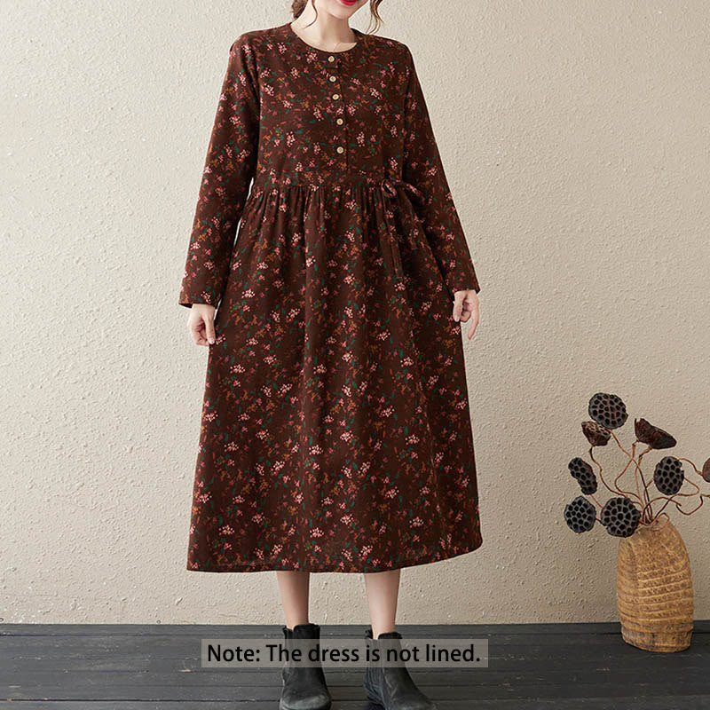 Buddha Stones Ethnic Printing Floral Long Sleeve Buttons Design Cotton Linen Midi Dress With Pockets - image 1