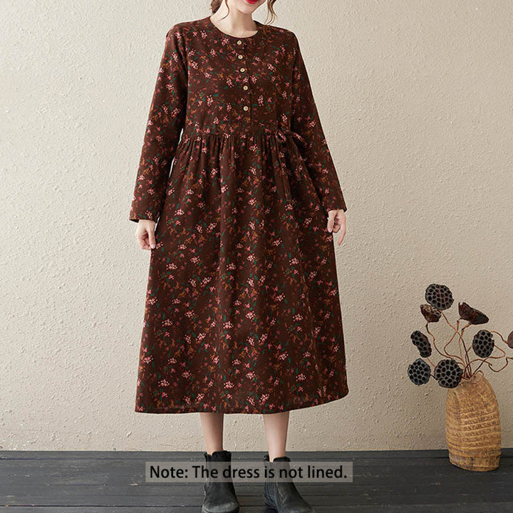 Buddha Stones Ethnic Printing Floral Long Sleeve Buttons Design Cotton Linen Midi Dress With Pockets - image 1