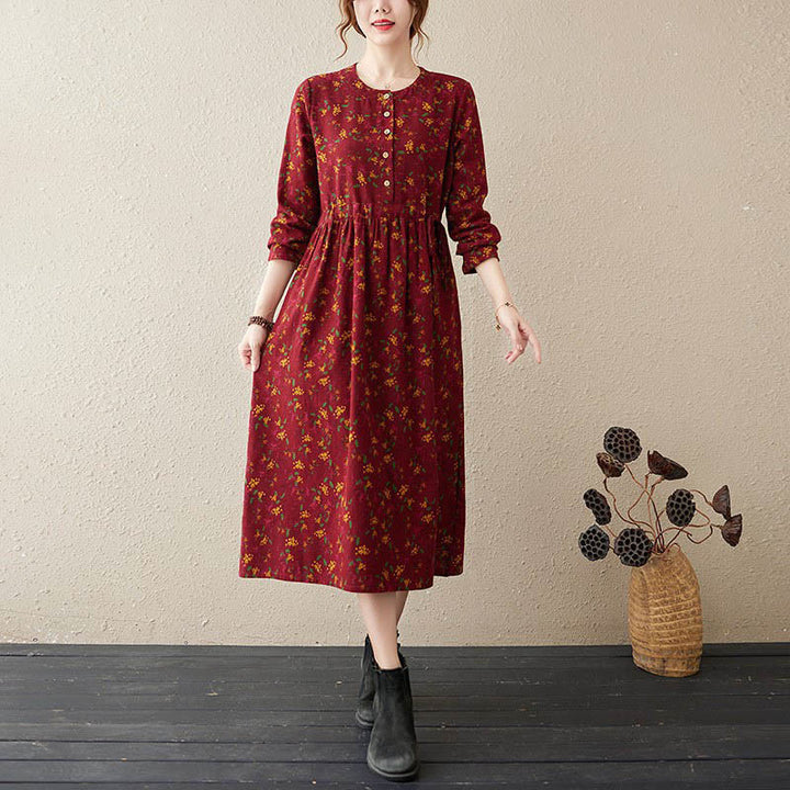 Buddha Stones Ethnic Printing Floral Long Sleeve Buttons Design Cotton Linen Midi Dress With Pockets - FireBrick - US12，UK/AU16，EU44 (3XL) - image 10