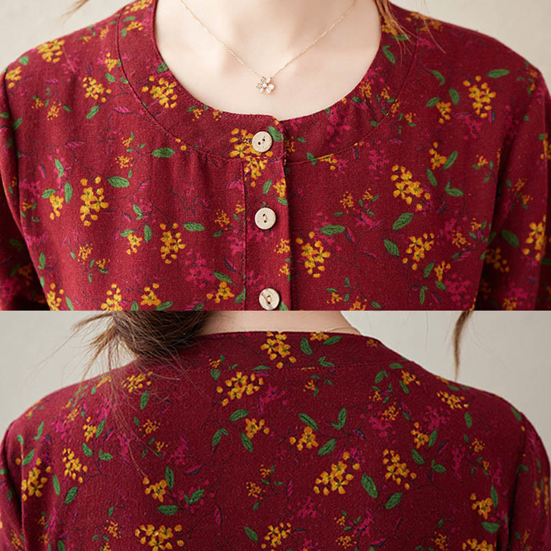 Buddha Stones Ethnic Printing Floral Long Sleeve Buttons Design Cotton Linen Midi Dress With Pockets - image 16