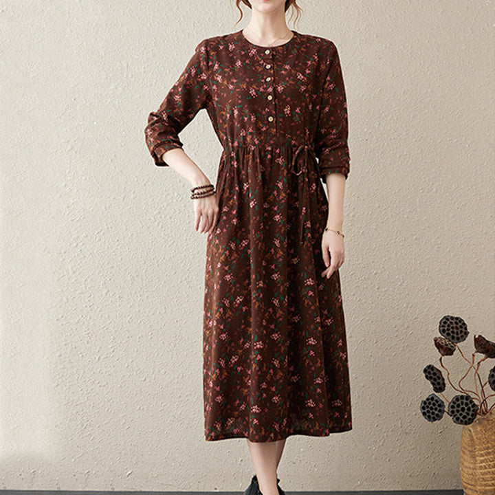 Buddha Stones Ethnic Printing Floral Long Sleeve Buttons Design Cotton Linen Midi Dress With Pockets - image 2