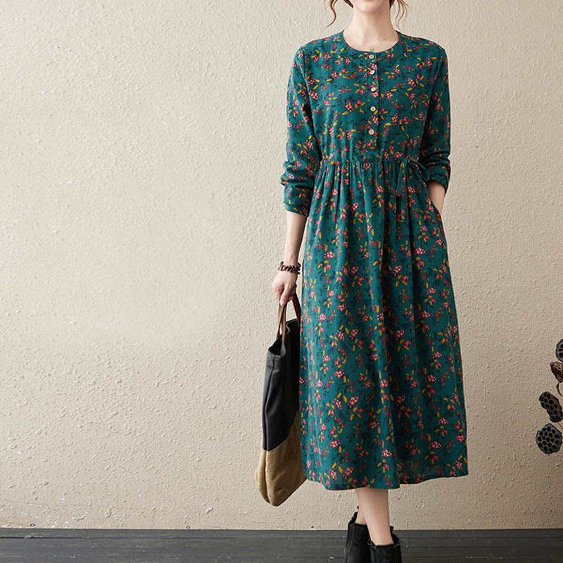 Buddha Stones Ethnic Printing Floral Long Sleeve Buttons Design Cotton Linen Midi Dress With Pockets - image 9