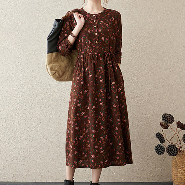 Buddha Stones Ethnic Printing Floral Long Sleeve Buttons Design Cotton Linen Midi Dress With Pockets - image 4