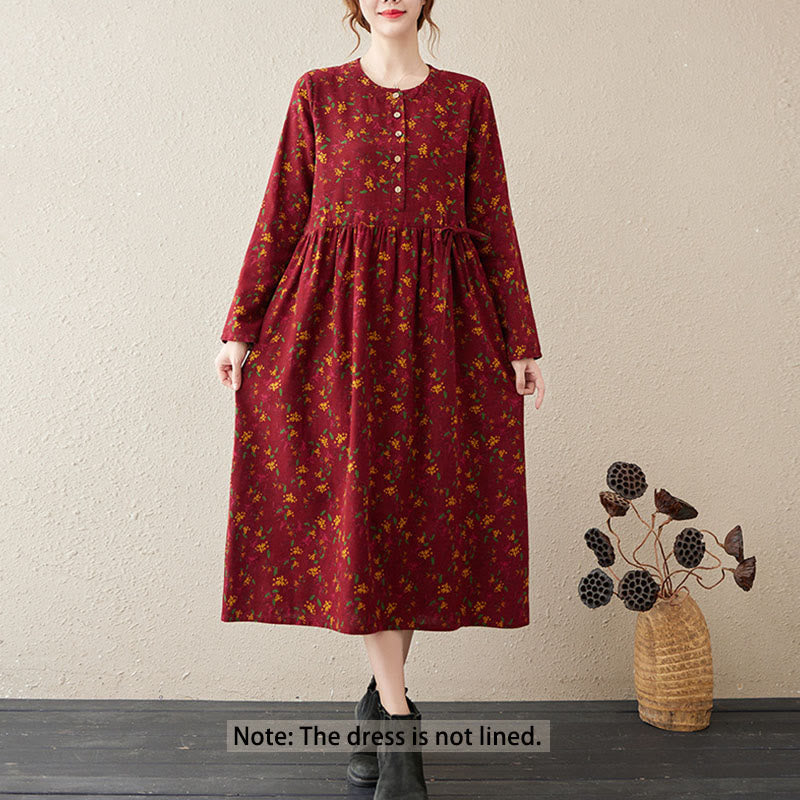 Buddha Stones Ethnic Printing Floral Long Sleeve Buttons Design Midi Dress With Pockets - image 11