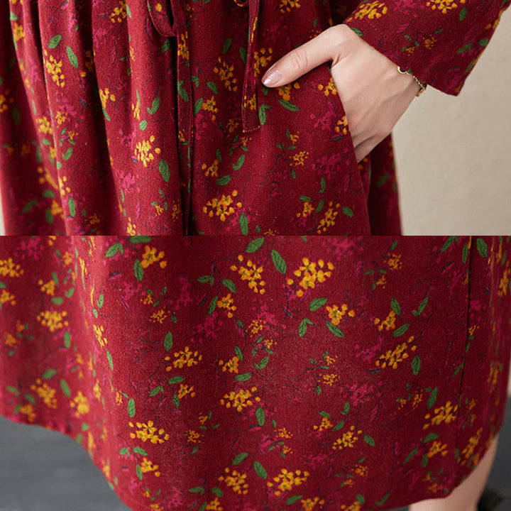 Buddha Stones Ethnic Printing Floral Long Sleeve Buttons Design Cotton Linen Midi Dress With Pockets - image 19