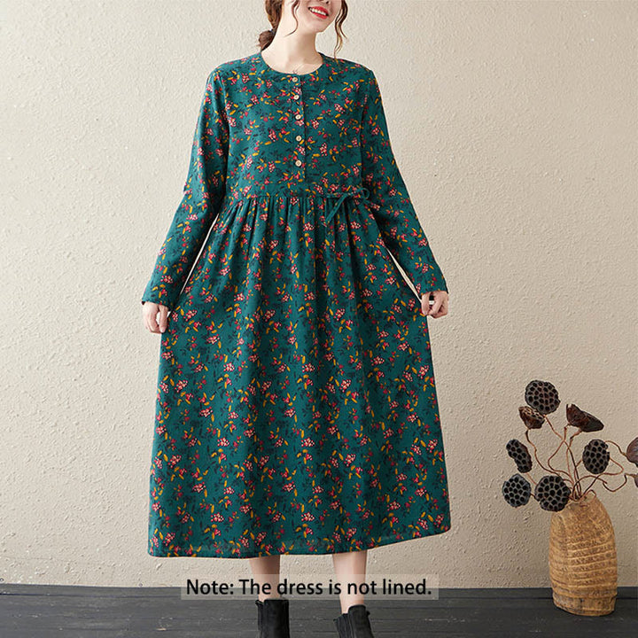 Buddha Stones Ethnic Printing Floral Long Sleeve Buttons Design Cotton Linen Midi Dress With Pockets - image 6