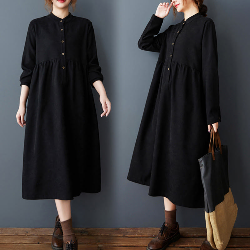 Buddha Stones Plain Buttons Design Thermal Cotton Linen Long Sleeve Midi Dress With Pockets - Black - US8-10，UK/AU12-14，EU40-42 (2XL) - image 0