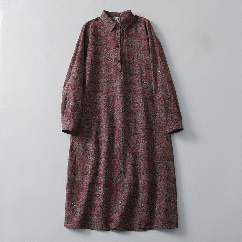Buddha Stones Brown Printing Floral Pattern Lapel Cotton Linen Long Sleeve Midi Dress With Pockets - Brown - US8-10，UK/AU12-14，EU40-42 (2XL) - image 0