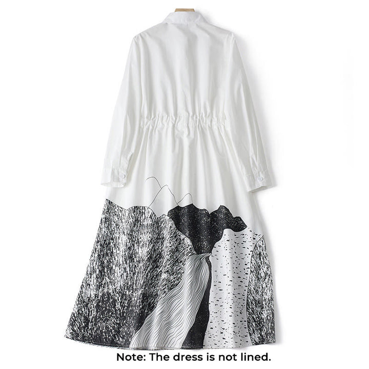 Buddha Stones Printing Irregular Lines Long Sleeve Lace-up Lapel Cotton Midi Dress With Pockets - image 10