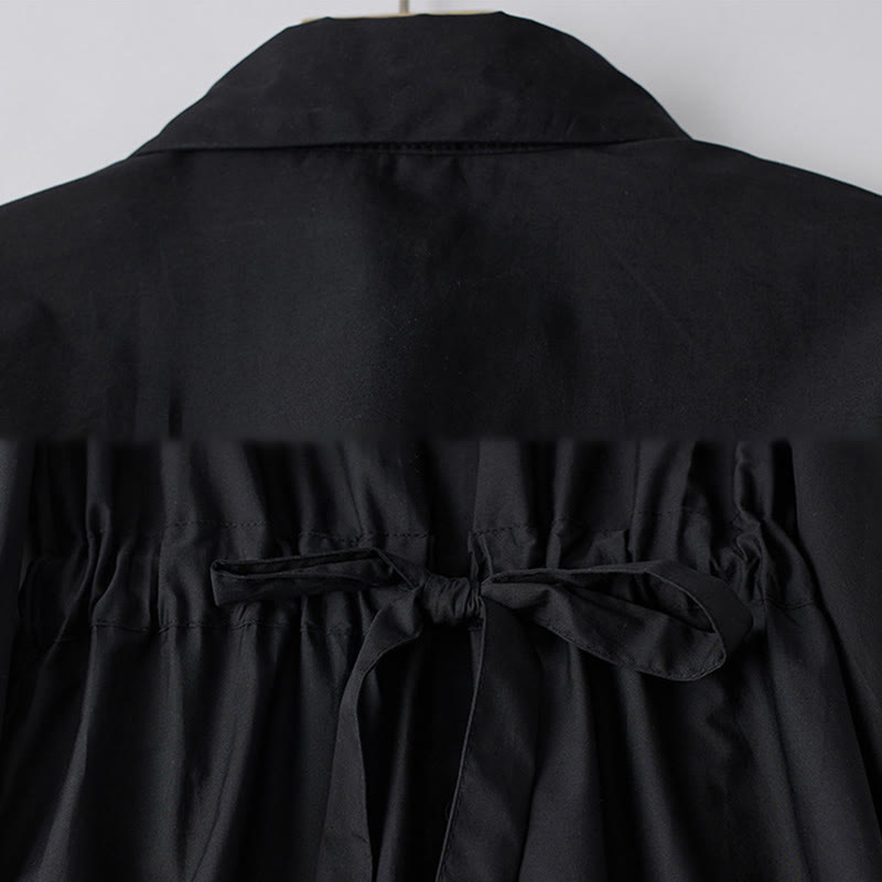 Buddha Stones Printing Irregular Lines Long Sleeve Lace-up Lapel Cotton Midi Dress With Pockets - image 3