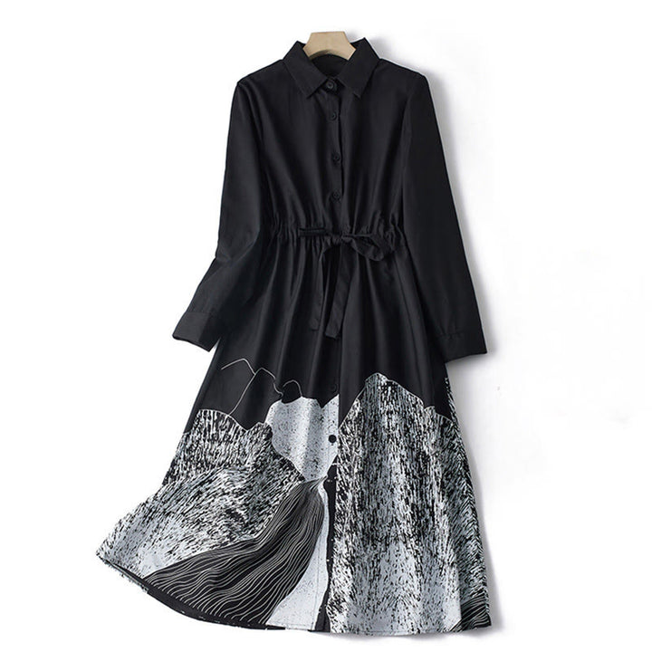 Buddha Stones Printing Irregular Lines Long Sleeve Lace-up Lapel Cotton Midi Dress With Pockets - Black - US8-10，UK/AU12-14，EU40-42 (2XL) - image 0