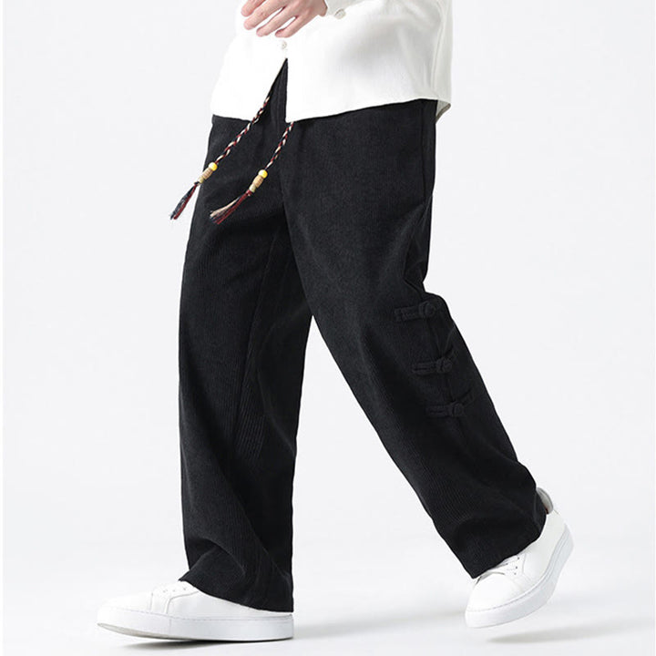 Buddha Stones Plain Chinese Frog-Button Design Drawstring Men's Corduroy Pants With Pockets - image 19