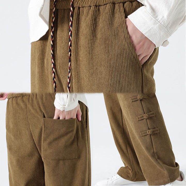 Buddha Stones Plain Chinese Frog-Button Design Drawstring Men's Corduroy Pants With Pockets - image 9