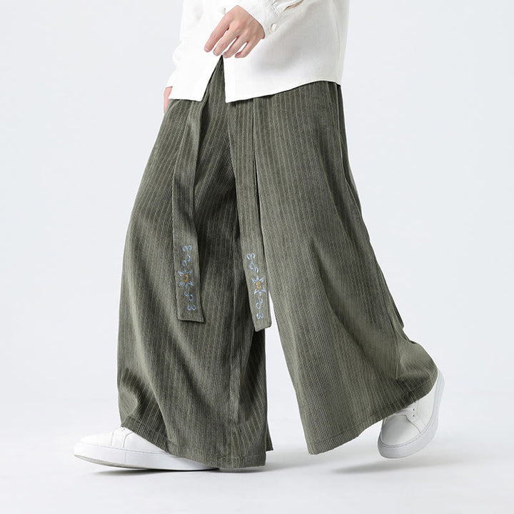 Buddha Stones Casual Embroidery Drawstring Design Men's Corduroy Wide Leg Pants With Pockets - DarkSeaGreen - US/UK/AU50，EU60 (5XL) - image 0