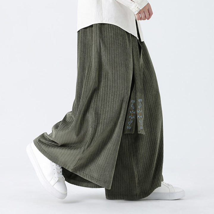 Buddha Stones Casual Embroidery Drawstring Design Men's Corduroy Wide Leg Pants With Pockets - image 5