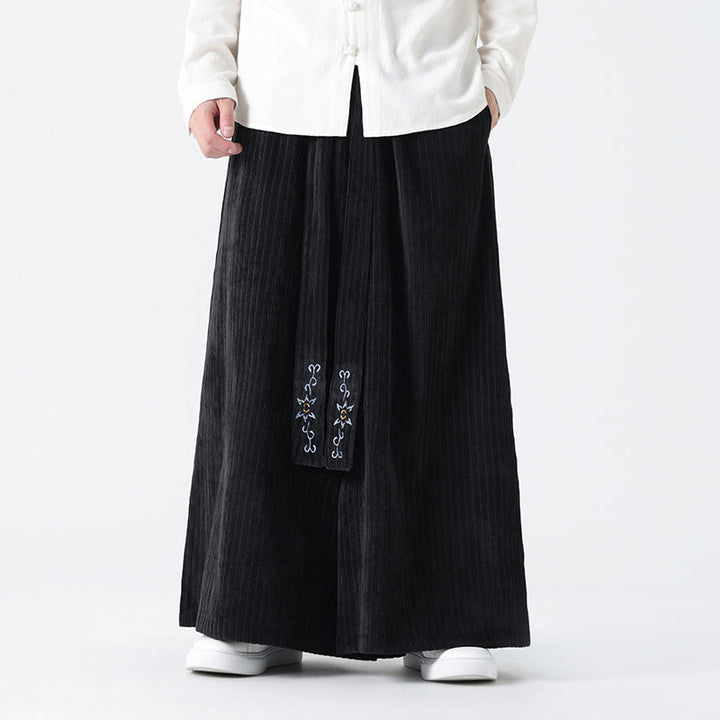Buddha Stones Casual Embroidery Drawstring Design Men's Corduroy Wide Leg Pants With Pockets - Black - US/UK/AU50，EU60 (5XL) - image 12