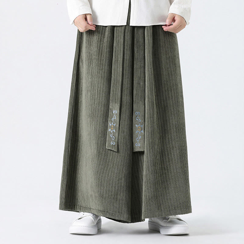 Buddha Stones Casual Embroidery Drawstring Design Men's Corduroy Wide Leg Pants With Pockets - image 4