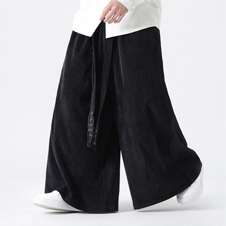 Buddha Stones Casual Embroidery Drawstring Design Men's Corduroy Wide Leg Pants With Pockets - image 16