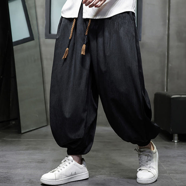 Buddha Stones Casual Daily Pure Color Drawstring Design Men's Harem Pants With Pockets - Black - US/UK/AU48，EU58(5XL) - image 0