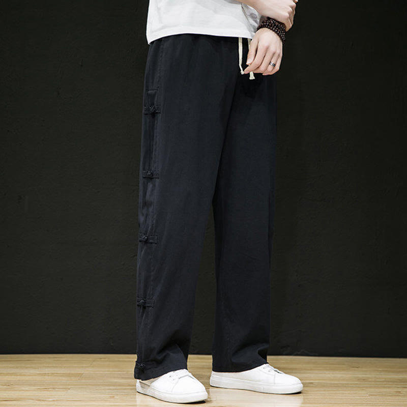 Buddha Stones Casual Patchwork Crane Pattern Frog-Button Design Men's Wide Leg Pants With Pockets - image 7