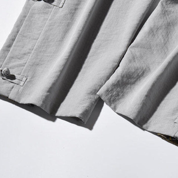 Buddha Stones Casual Patchwork Crane Pattern Frog-Button Design Men's Wide Leg Pants With Pockets - image 29