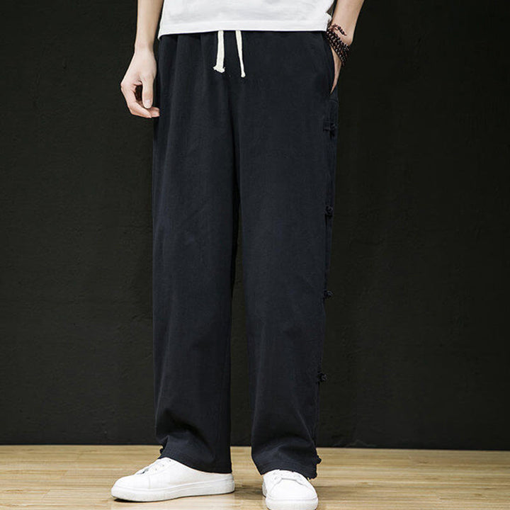 Buddha Stones Casual Patchwork Crane Pattern Frog-Button Design Men's Wide Leg Pants With Pockets - image 3