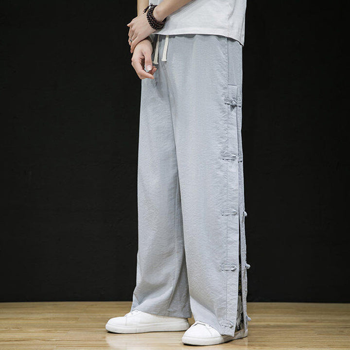Buddha Stones Casual Patchwork Crane Pattern Frog-Button Design Men's Wide Leg Pants With Pockets - image 13