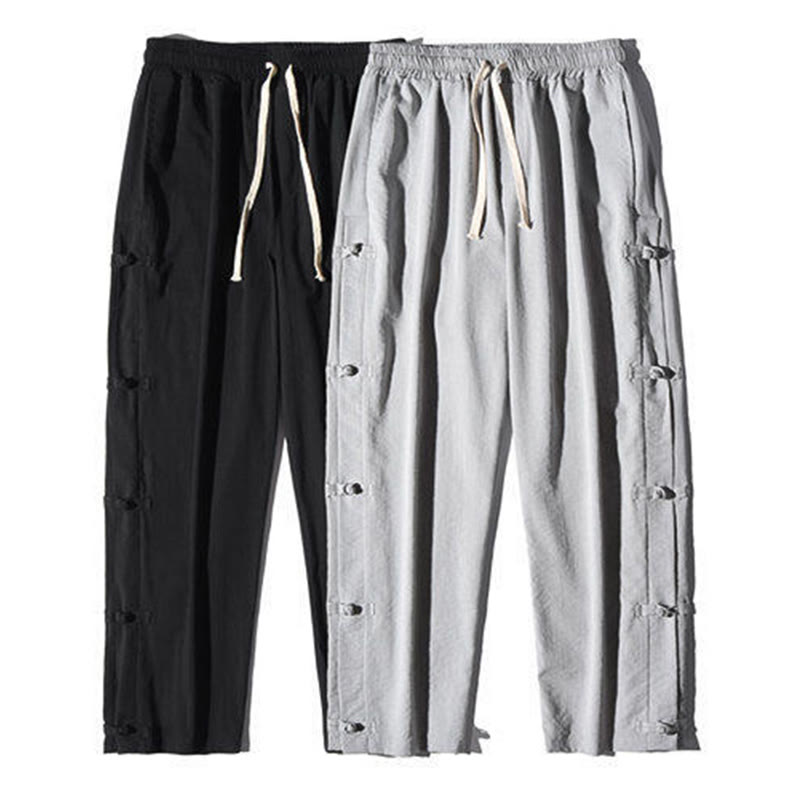 Buddha Stones Casual Patchwork Crane Pattern Frog-Button Design Men's Wide Leg Pants With Pockets - image 30