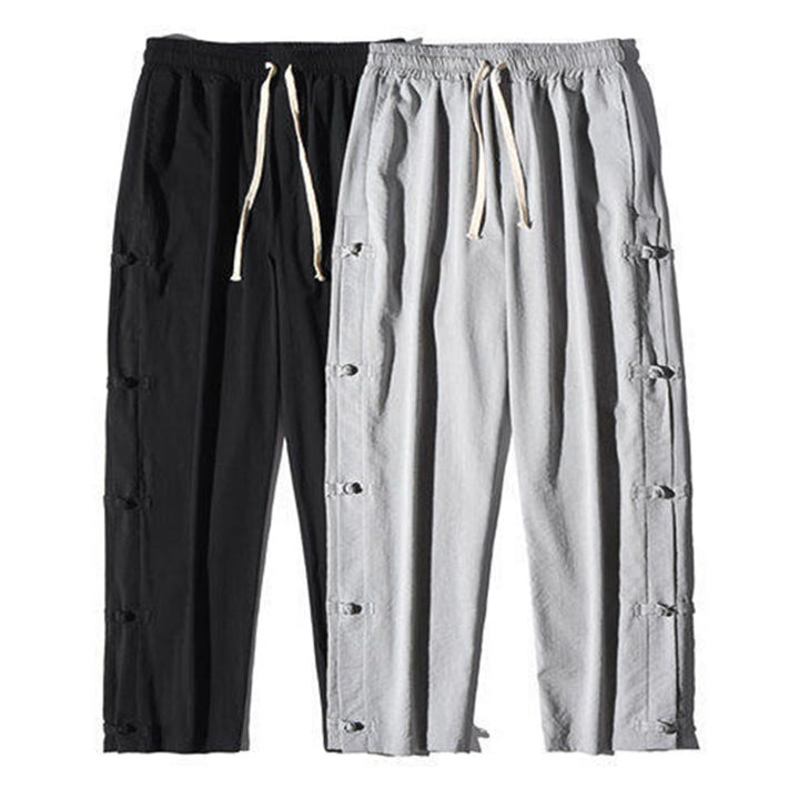 Buddha Stones Casual Patchwork Crane Pattern Frog-Button Design Men's Wide Leg Pants With Pockets - image 30