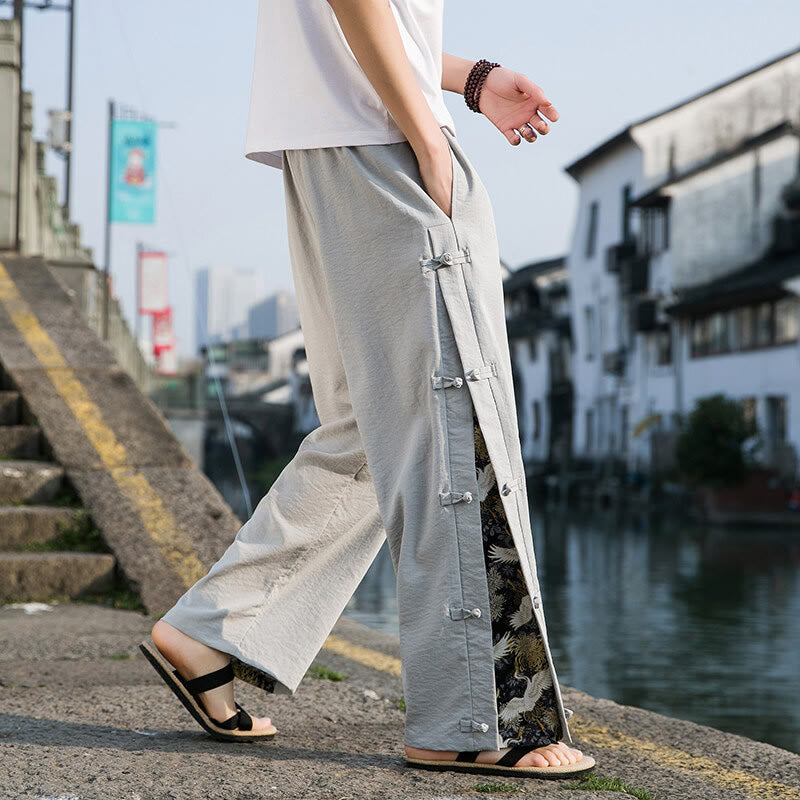 Buddha Stones Casual Patchwork Crane Pattern Frog-Button Design Men's Wide Leg Pants With Pockets - LightGrey - US/UK/AU46，EU56 (5XL) - image 11