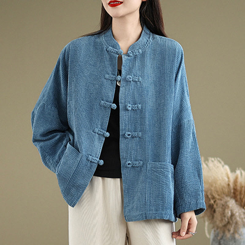 Buddha Stones Frog-button Stand Collar Women's Corduroy Jacket - SteelBlue - US14，UK/AU18，EU46 (2XL) - image 15