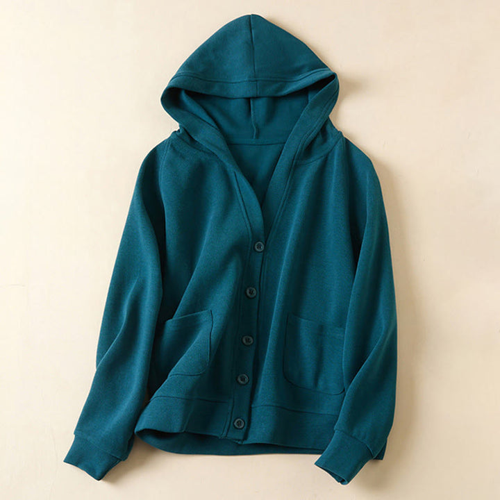 Buddha Stones Plain Buttons Women's Cotton Hooded Jacket With Pockets - SteelBlue - US8-10，UK/AU12-14，EU40-42 (2XL) - image 15