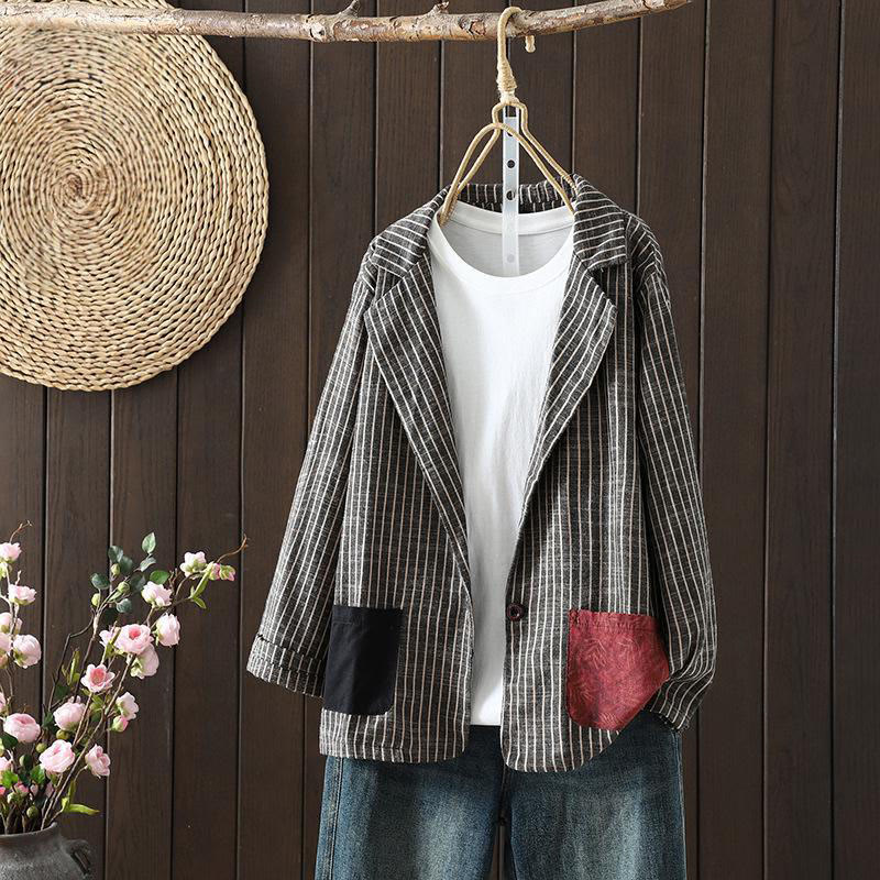 Buddha Stones Splicing Stripes Women's Cotton Linen Jacket With Pockets - DimGray - US14，UK/AU18，EU46 (2XL) - image 0