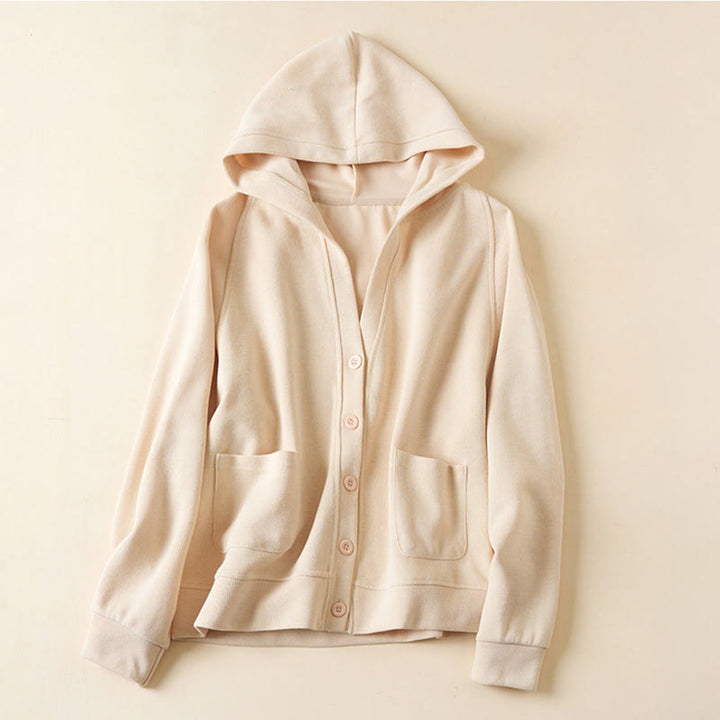 Buddha Stones Plain Buttons Women's Cotton Hooded Jacket With Pockets - PapayaWhip - US8-10，UK/AU12-14，EU40-42 (2XL) - image 7