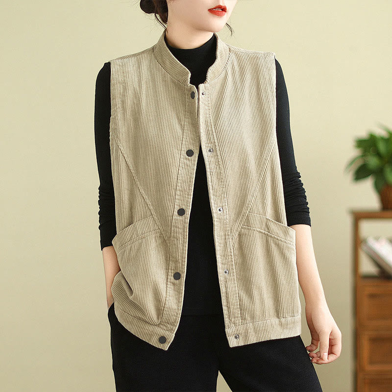 Buddha Stones Plain Sleeveless Women's Cotton Vest Corduroy Waistcoat With Pockets - Beige - US12，UK/AU16，EU44 (2XL) - image 0