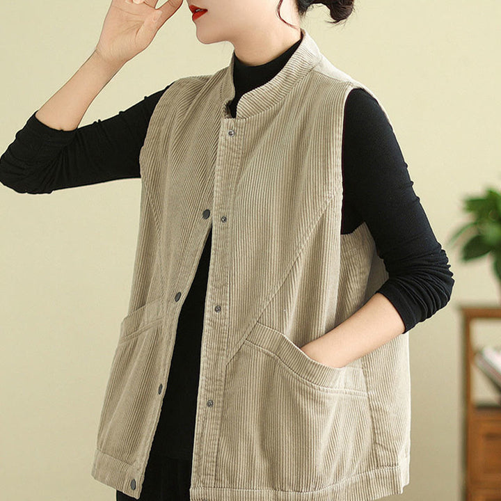 Buddha Stones Plain Sleeveless Women's Cotton Vest Corduroy Waistcoat With Pockets - image 2