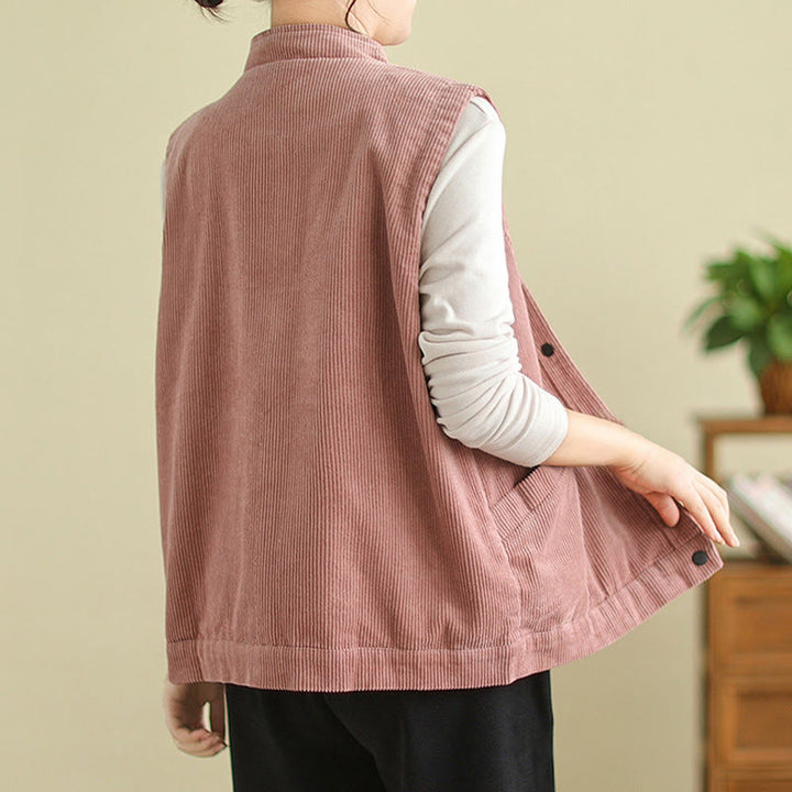 Buddha Stones Plain Sleeveless Women's Cotton Vest Corduroy Waistcoat With Pockets - image 11