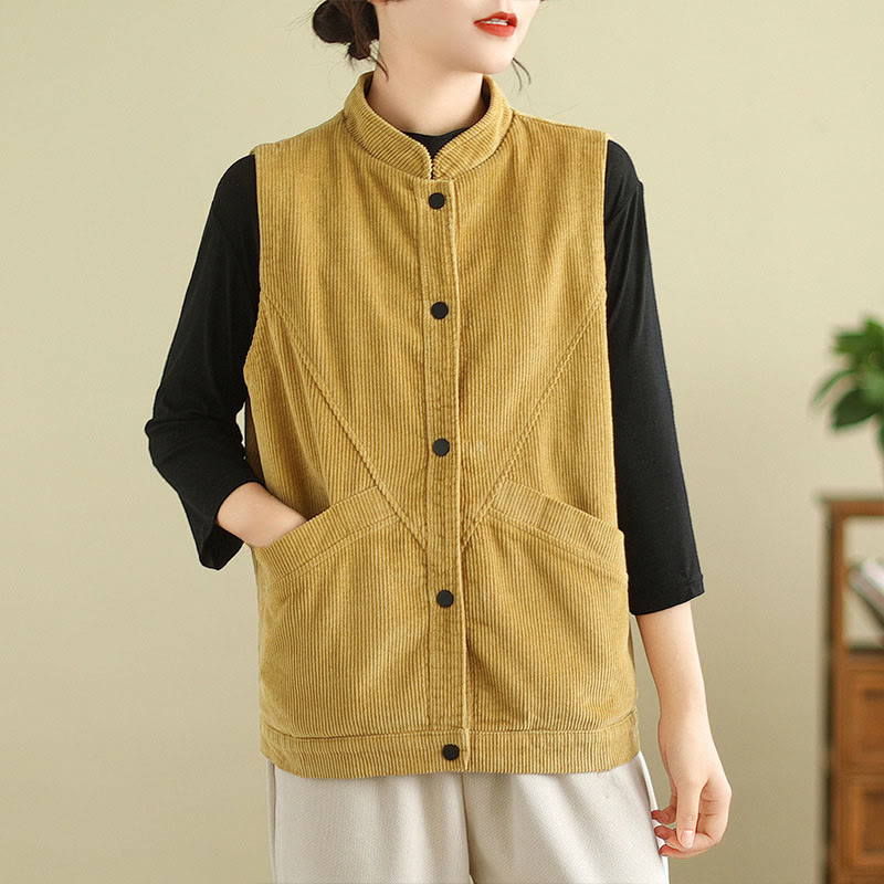 Buddha Stones Plain Sleeveless Women's Cotton Vest Corduroy Waistcoat With Pockets - Goldenrod - US12，UK/AU16，EU44 (2XL) - image 14