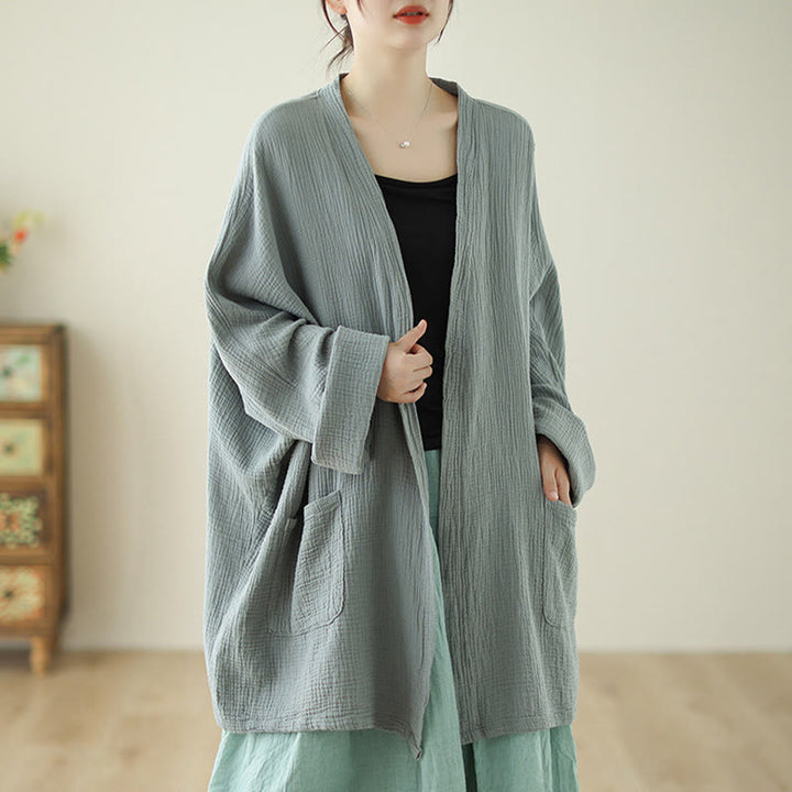 Buddha Stones Plain Long Sleeve Zen Meditation Cotton Linen Jacket With Pockets - DarkSeaGreen - US12，UK/AU16，EU44 (XL) - image 0